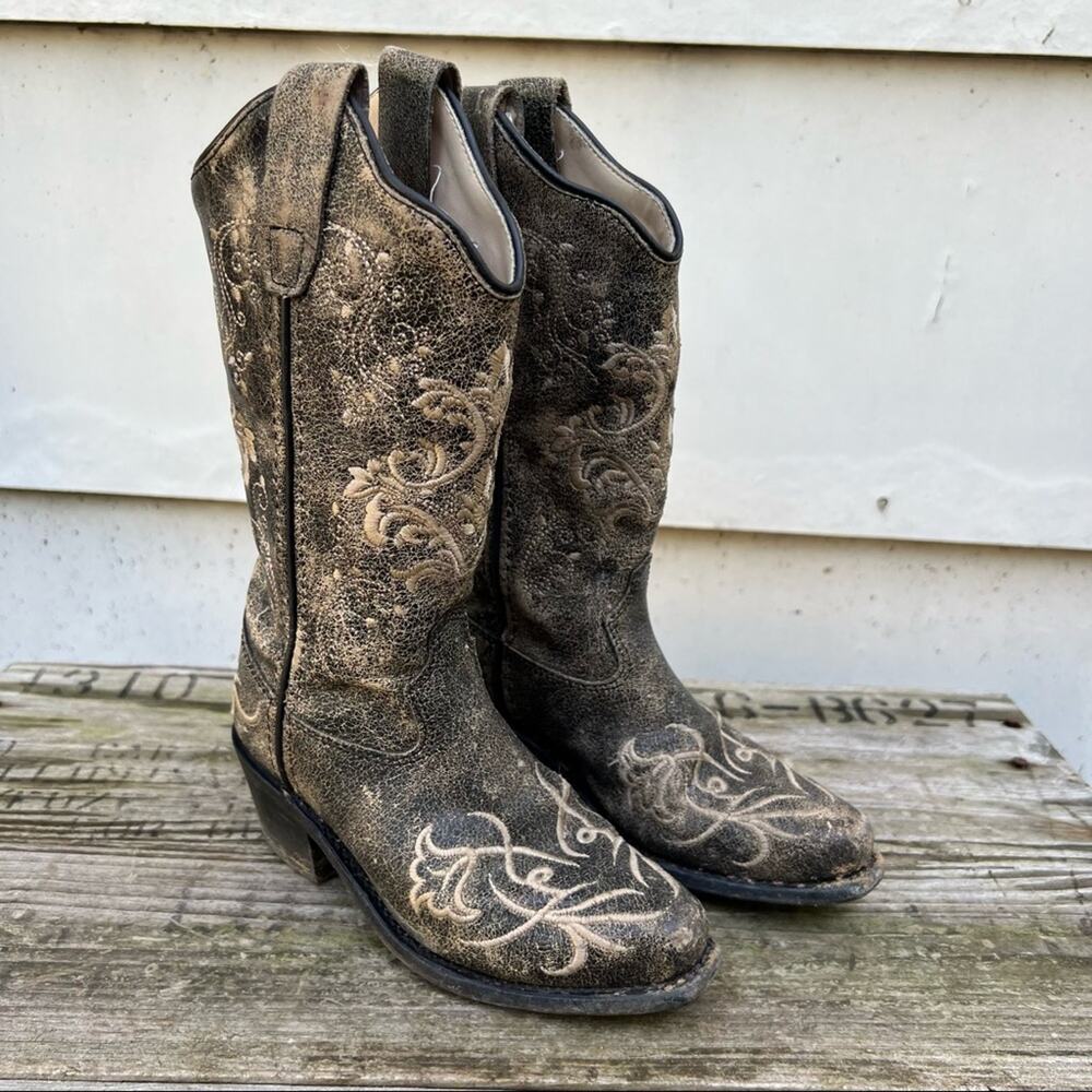 Old West Kids Vintage Charcoal with Fancy Embroidery Snip Toe Western Boots